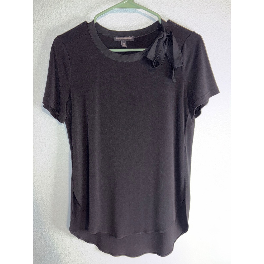 Banana Republic Womens Black Short Sleeve Side Tie Bow Neck Blouse XS